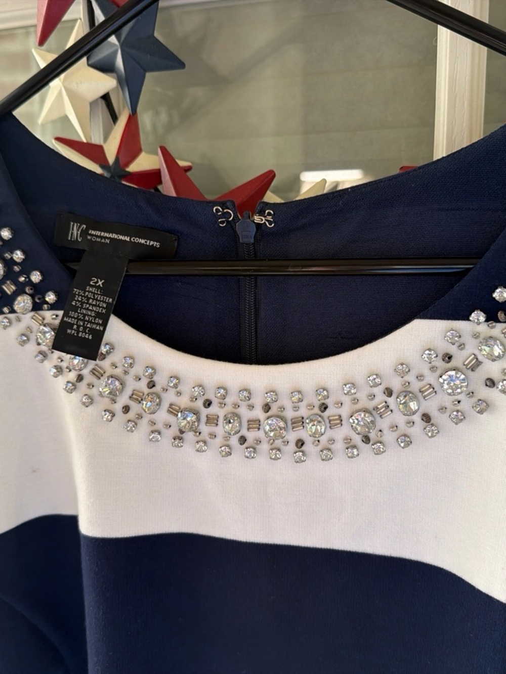 INC International Concepts Navy and White Embellished Jewel Neck Dress - Picture 7 of 7
